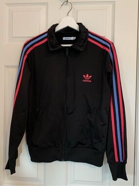 Adidas Women's Black Bomber Jacket with Pink and blue Stripes